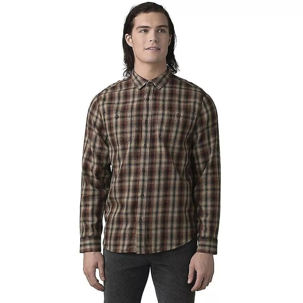 PrAna Dolberg Flannel Soft Pine Mens Small Slim SL Button Down Brown $79 NWT